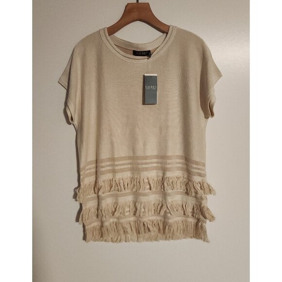Lauren Ralph Lauren Fringe Trim Top Sweater Cream Boho Festival Size Small NWT - Picture 3 of 16